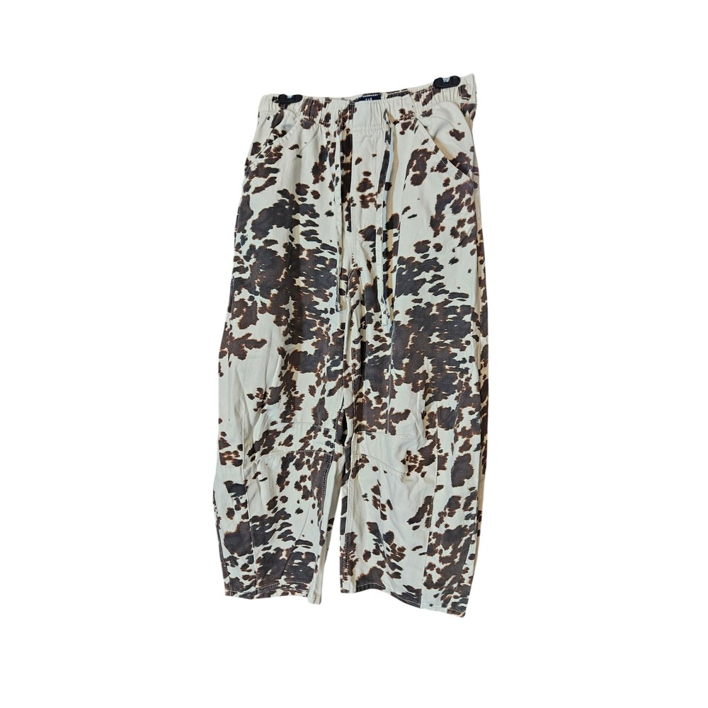 Gap Ultrasoft Denim Cow Print Barrel Jeans Petite Small Brown Cream Drawstring